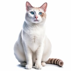 a white cat with blue eyes sitting down on a white background