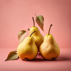 Fototapeta na wymiar Fresh pears on pink background. Ripe green pears. Fresh bio pear with leaves. 