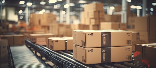 a conveyor belt is carrying boxes in a warehouse Generative AI