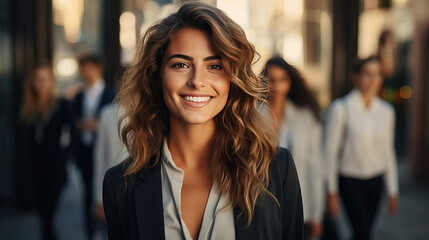Obraz premium smiling of Latin business woman and team, group of middle age people in the city. office, tower view background.
