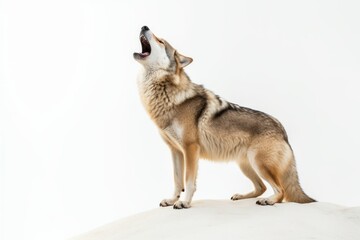 a wolf is standing on top of a hill with its mouth open
