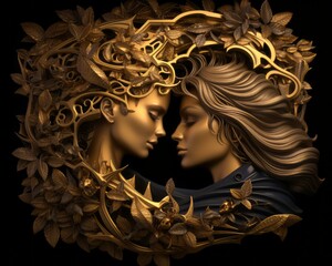 a woman and a man are surrounded by gold leaves