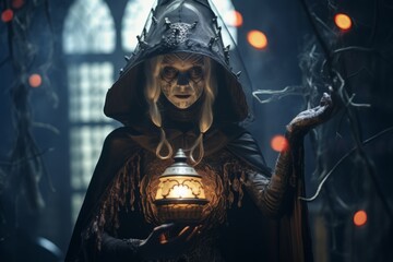 a witch holding a lantern in a dark room