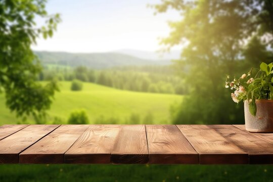 Empty rustic table in front of countryside background. product display and picnic concept, Generative AI