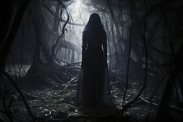 a woman in a black dress standing in a dark forest