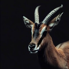 Portrait of an antelope on a black background with space for text. Wild artiodactyl animal