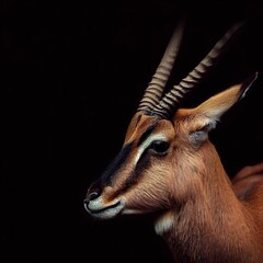 Fototapeta premium Portrait of an antelope on a black background with space for text. Wild artiodactyl animal