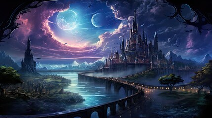 Epic panorama scene vision with epic celestial city in the galaxy