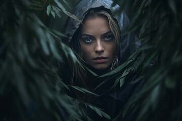 a woman in a black hoodie peeking out from the trees