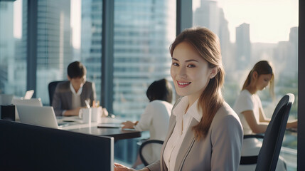 Obraz premium middle age of working woman and team , smiling mood, modern office tower view.