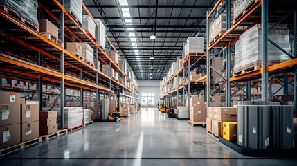 High-tech warehouse with a high level of electronics, equipped to store and sort goods - obrazy, fototapety, plakaty