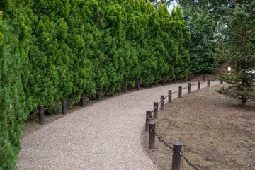 Curve uphill footpath with light decor and tree of outdoor park