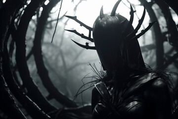 a woman in a dark forest with horns on her head