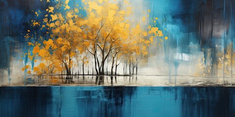 Gold and blue abstract painting scene with forest trees