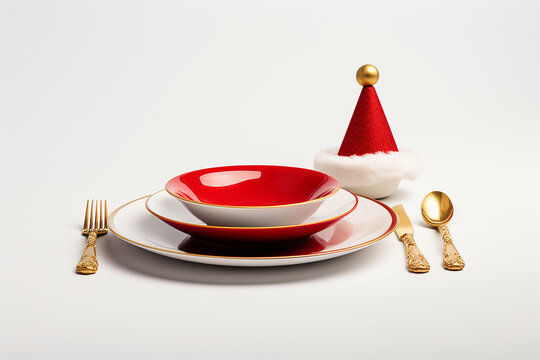 Christmas table setting with red and white plates, silverware and Santa Claus hat.   