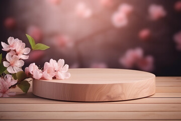 Empty wooden round product display podium with cherry blossom in a blurred background behind