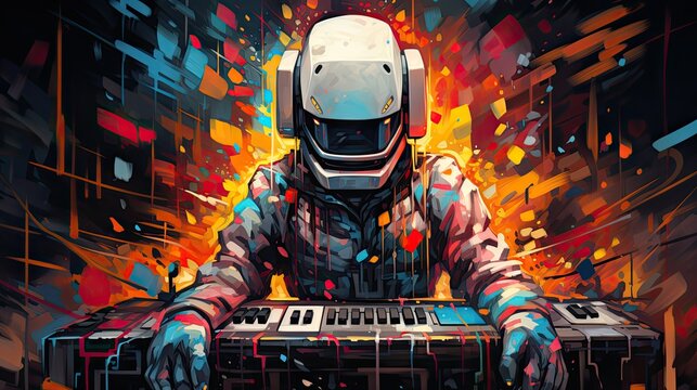 Robotic colorful cartoon dj in action