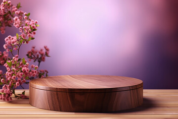 Empty round wooden tabletop product display podium with cherry blossom branches and blurred background