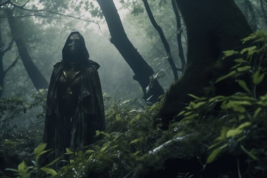 a woman in a hooded cloak standing in the woods