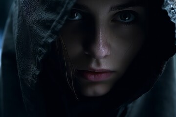 a woman in a hoodie is looking at the camera