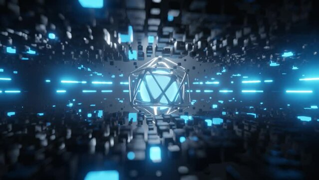 Abstract background, soft focus. A fantastic sphere of metal hexagons in the center. Abstract illustration.
The idea of energy, the core of cosmic forces. 3d rendering loop.