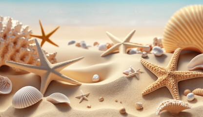 Fototapeta na wymiar Summer vacation and travel concept with shells and starfishand on the beach. For banners, backgrounds, covers, wallpapers and other projecrs.