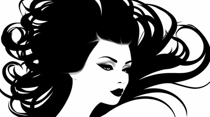 Cartoon of woman with Black hair and Smokey eyes. Salon decoration poster. black and white portrait of a girl