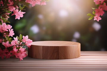 Fototapeta na wymiar Empty round wooden tabletop product display podium with cherry blossom branches and blurred garden background