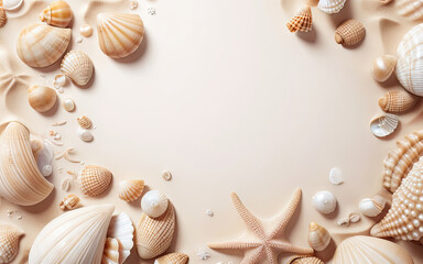 Fototapeta na wymiar Summer vacation and travel concept with shells and starfish in beige colors. For banners, backgrounds, covers, wallpapers and other projecrs.
