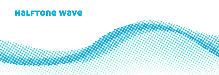 Halftone wave by cerulean dots. Wide vector pattern