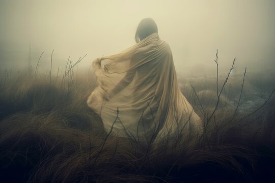 a woman in a white dress standing in a foggy field