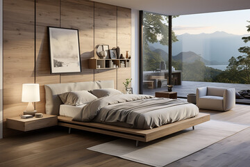 Bright, simple, stylish and comfortable home bedroom interior with white walls and bright, simple and stylish home bedroom interior. Generative AI