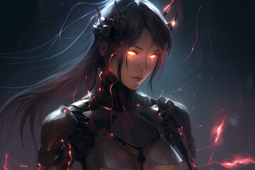 a woman in armor with glowing eyes