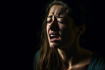 a woman is crying in the dark