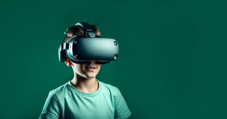 Banner with European boy wearing virtual reality glasses, VR headset, smiling and standing over isolated green background