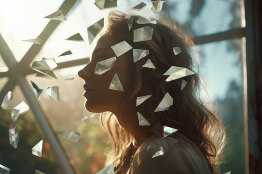 a woman is looking out a window with paper cranes flying around her