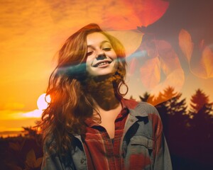 a woman is smiling in front of a sunset with leaves in the background