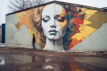 a woman is standing in front of a wall with a mural of a womans face on it