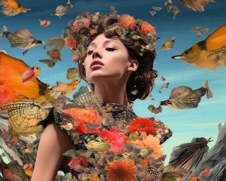 a woman is surrounded by butterflies and flowers