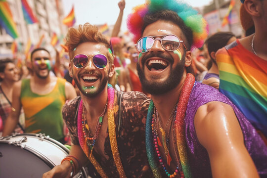 Gay male couple smiling with raimbow color clothes at Pride in festival, Generative AI