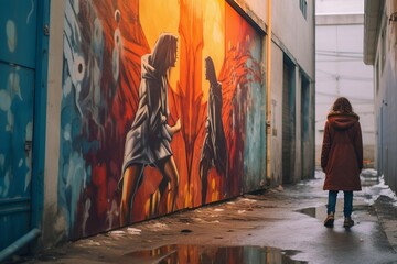 a woman is walking down an alleyway with a mural on the wall