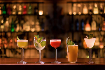 Close up of cocktails of different colors in different glasses standing on the bar in a club bar 
