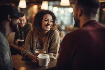 Lifestyle, friendship, food and drinks concept. Group of happy friends drinking coffee and talking with each other in cafe. Generative AI