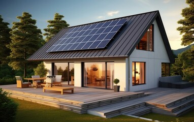 Solar panels on the gable roof of a beautiful modern home - obrazy, fototapety, plakaty