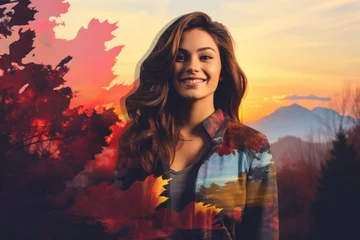 Foto op Canvas a woman smiling in front of an autumn scene © AberrantRealities