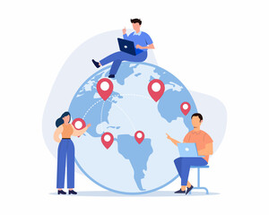 Business team sitting on globe with connected location marks and working on laptop global international network