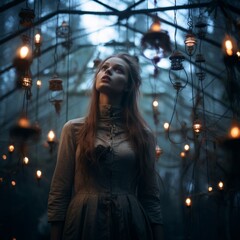 a woman standing in a dark room surrounded by hanging lanterns