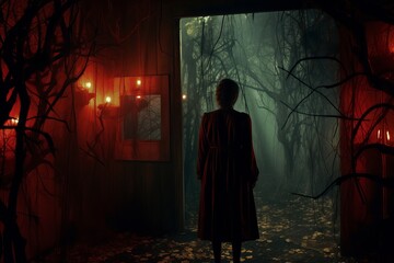 a woman standing in a dark room with candles and trees