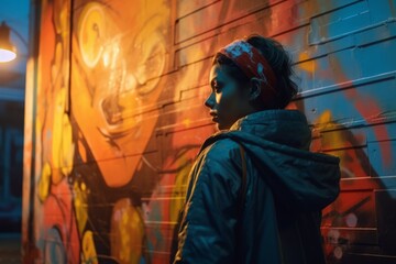 a woman standing in front of a graffiti wall at night