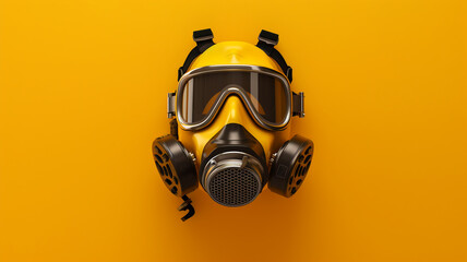 Vintage mask for respiratory protection from gas on yellow background, environmental toxic substances - obrazy, fototapety, plakaty